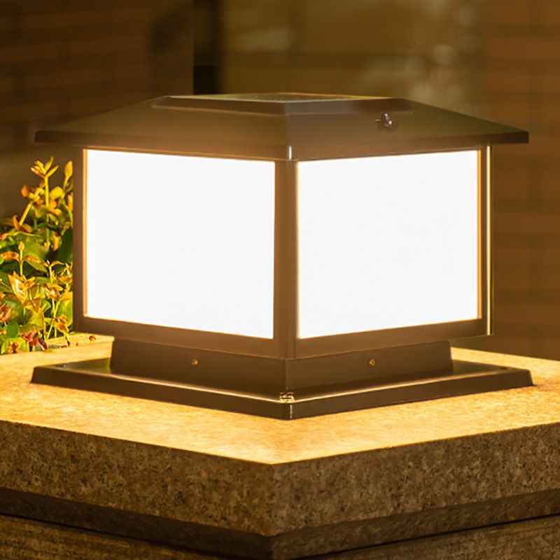 Square Solar Pillar Lamp Contemporary Metal Outdoor Waterproof Light