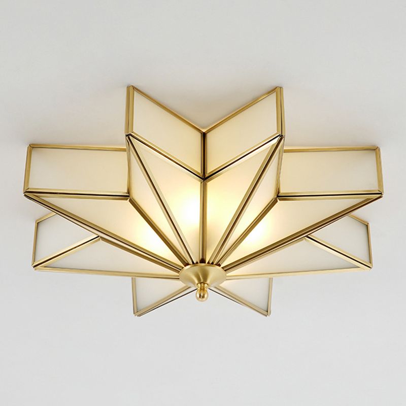19.7 Inches Wide Octagonal Star Brass Ceiling Light White Glass Shade 4-Lights Traditional Rustic Style Flush Mount Lamp