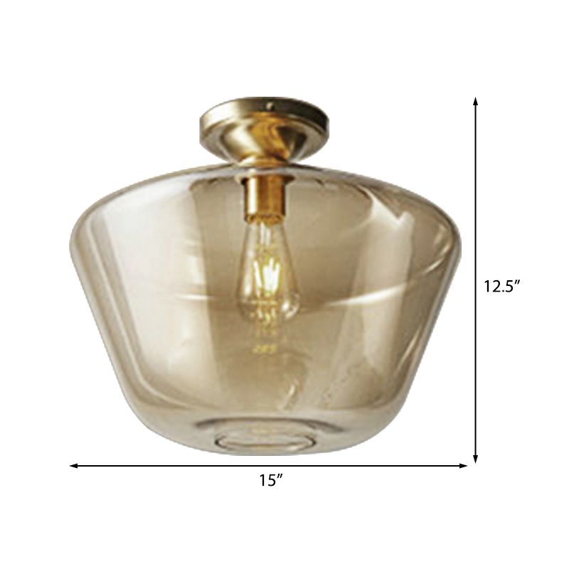 Lámpara de techo de tambor/jarrón con pantalla de cristal ámbar, lámpara de techo contemporánea de 1 luz con acabado de latón