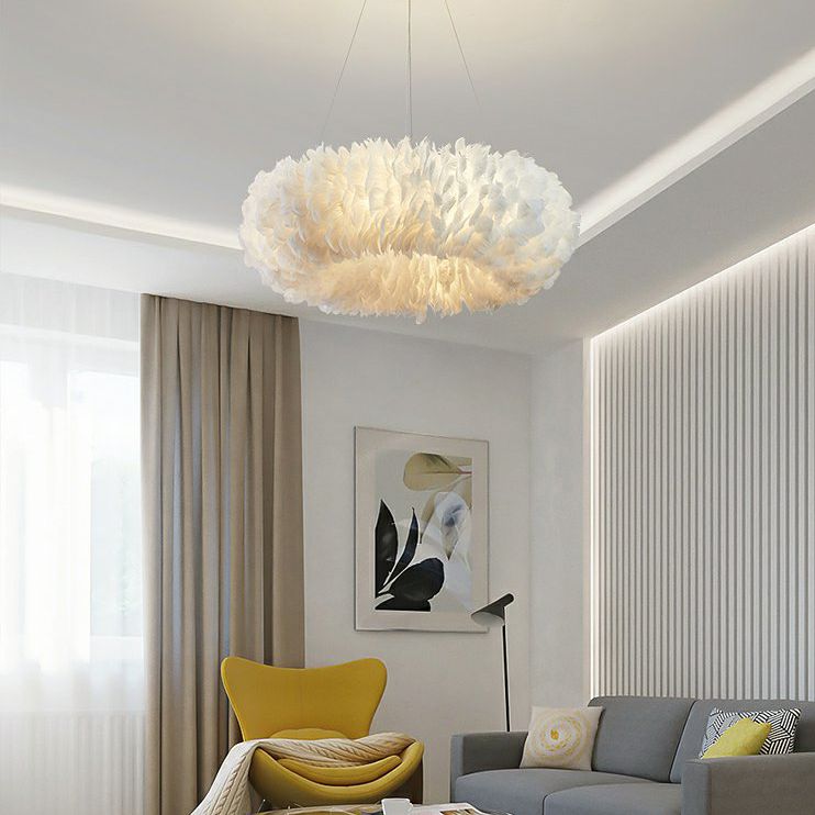Feather Circle Chandelier Light Fixture Nordic Pendant Lighting Fixture in White