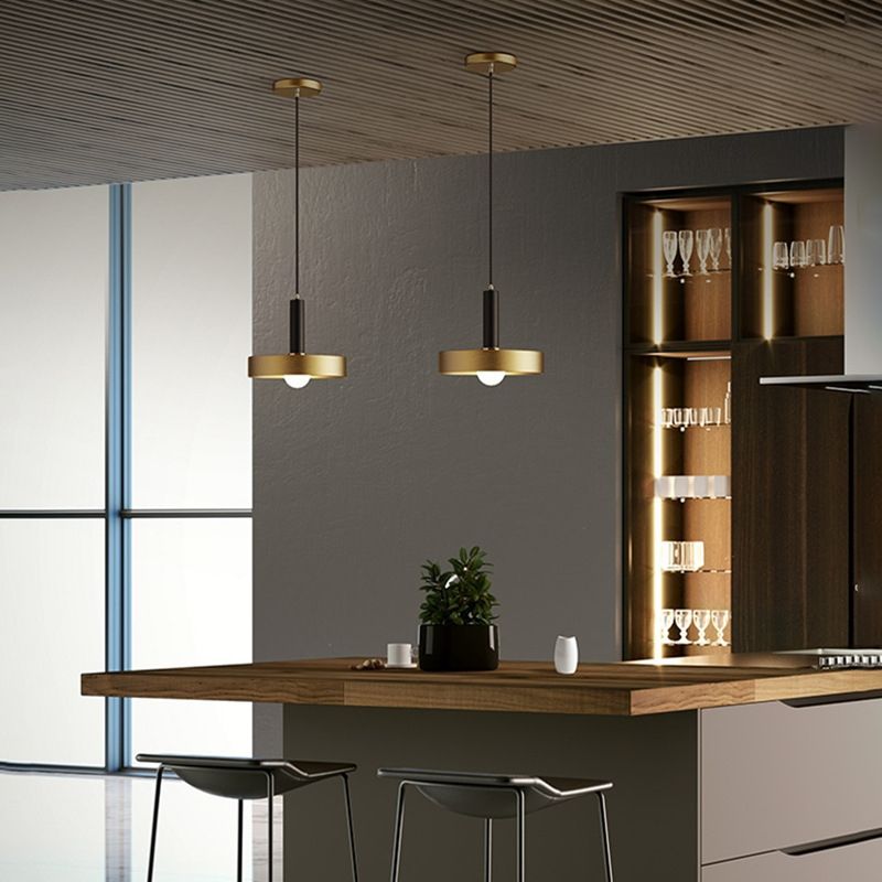 Metallic Lid Shaped Suspension Light Post-Modern Gold Pendant Light Fixture for Dining Room