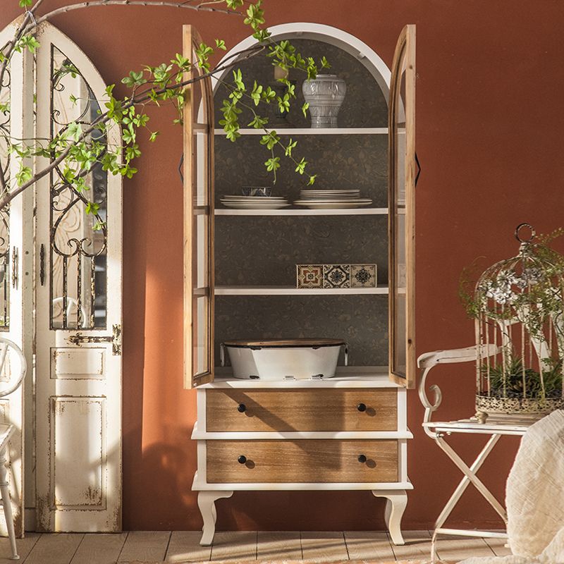 2-Door and 2-Drawer Accent Cabinet 69" Tall Solid Wood Glass Paned Storage Cabinet