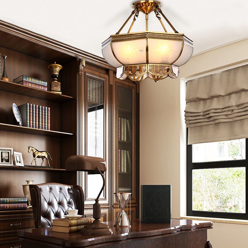 4 Bulbs Bowl Hanging Chandelier Colonial Brass Frosted Glass Ceiling Suspension Lamp for Living Room