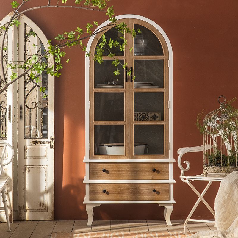 2-Door and 2-Drawer Accent Cabinet 69" Tall Solid Wood Glass Paned Storage Cabinet