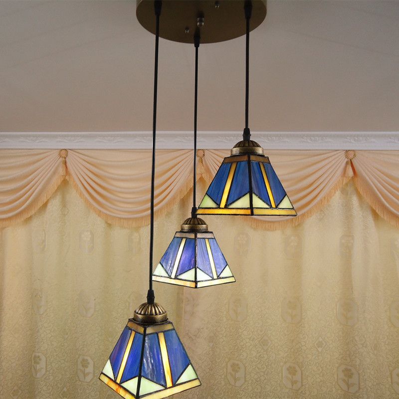 Trapezoid Hanging Pendant Light Stained Art Glass Mission Style Down Lighting in Blue