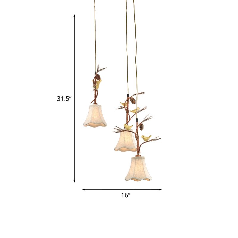 Flaxen 3/5 Heads Cluster Pendant Light Country Fabric Scalloped Suspension Lamp with Bird and Pinecone Deco