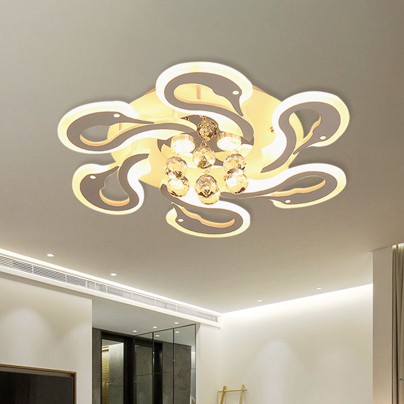 Zwaanvorm Semi Mount Lighting Moderne Acryl 6 koppen witte afwerking LED spoelplafondlamp met kristaldruppel