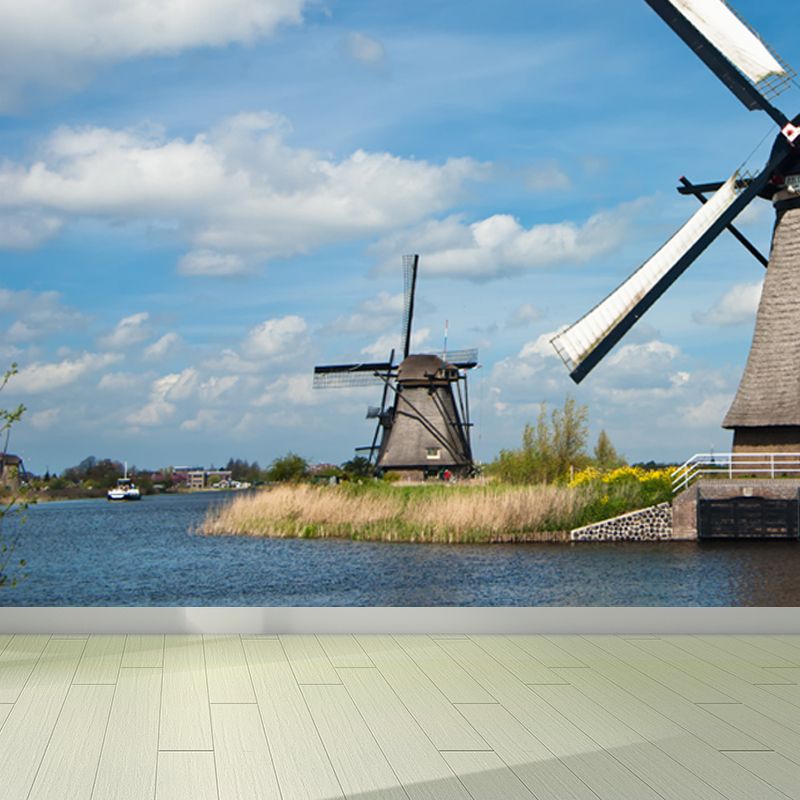 Full Size Photography Modern Mural Wallpaper with Windmill Landscape in Soft Color