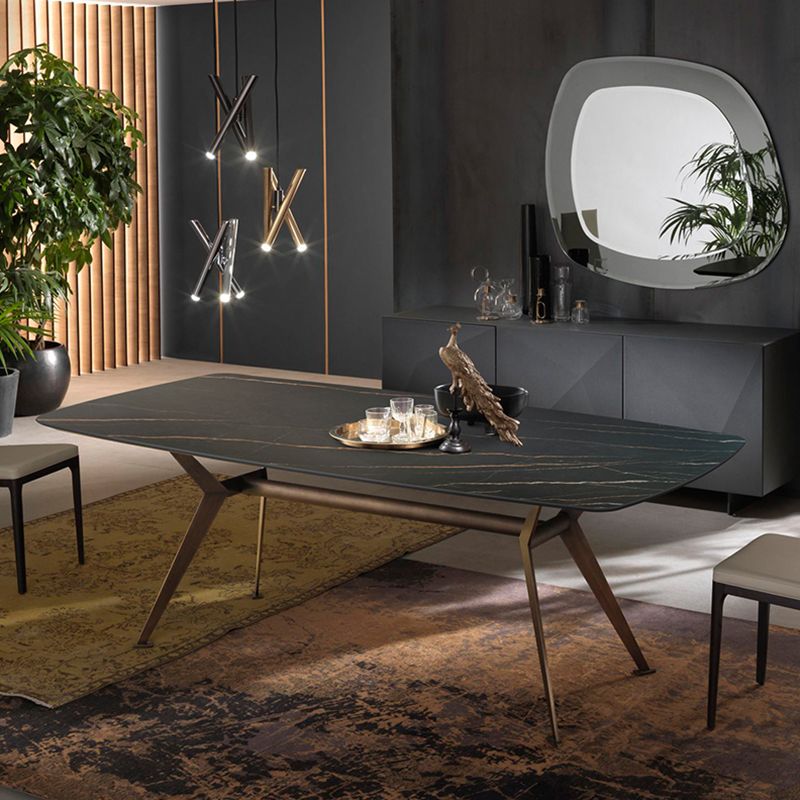 Industrial Sintered Stone Dining Table Rectangle Black Top Table with Metal Base