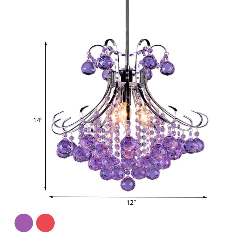 3 bulbes de lustre pendant léger traditionaliste de goutte de pluie traditionaliste violette / rouge à facettes en cristal l'éclairage en chrome