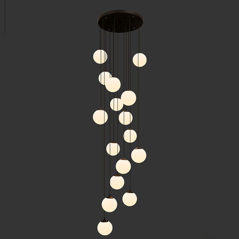White Glass Cluster Globe Pendant Simplicity Black Multi-Light Ceiling Lamp for Staircase