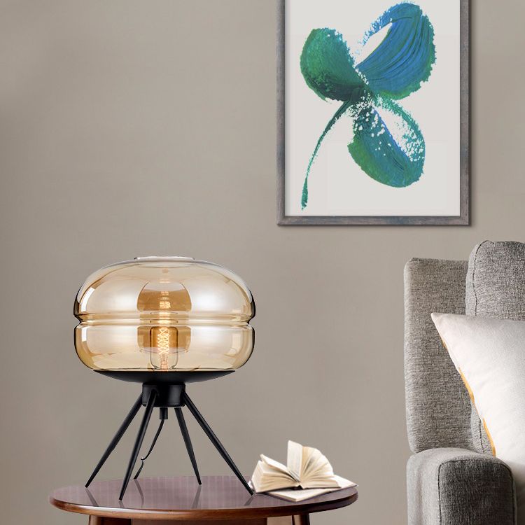 Black Drum Indoor Table Lamp in Modern Creative Style Wrought Iron Table Light with Glass Shade