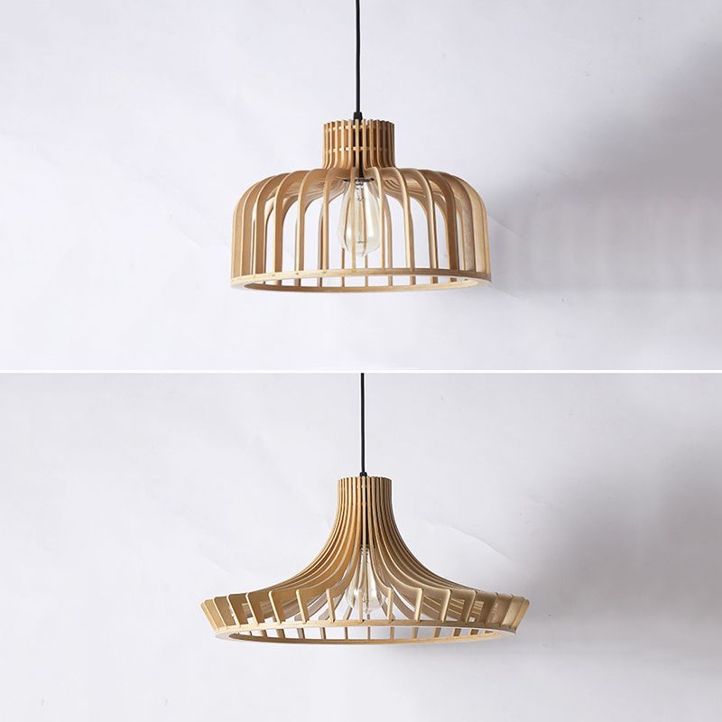 Cage Shaped Wooden Pendant Minimalism 1 Bulb Beige Suspension Lighting for Restaurant