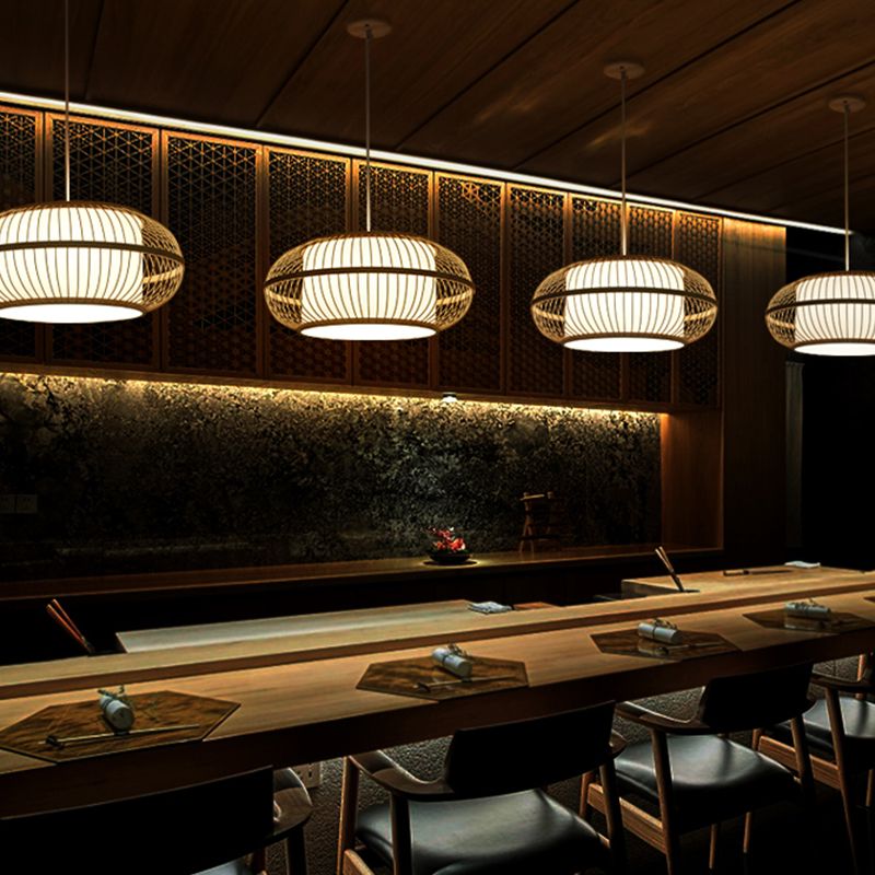 1 Kopfrestaurant Deckenlampe Asia Beige Hängende Leuchte mit Laternenbambusschatten