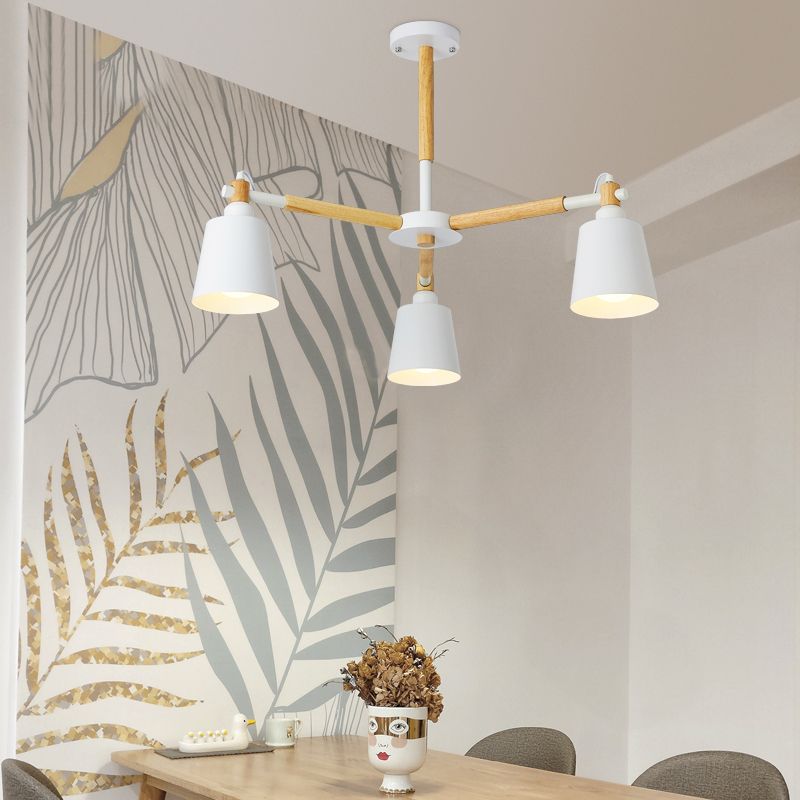 Wooden Radial Pendant Lighting Macaron Chandelier with Tapered Metal Shade for Living Room