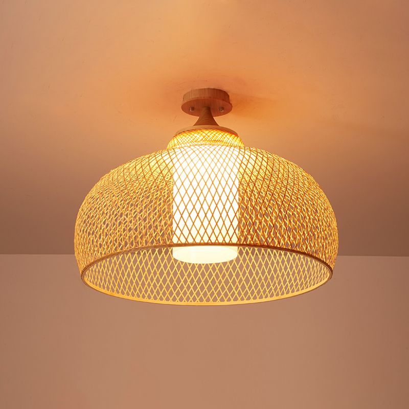 Criss-Cross geweven bamboe plafondlamp Aziatische 1-bulb houten vlakke montage verlichtingsarmatuur voor slaapkamer