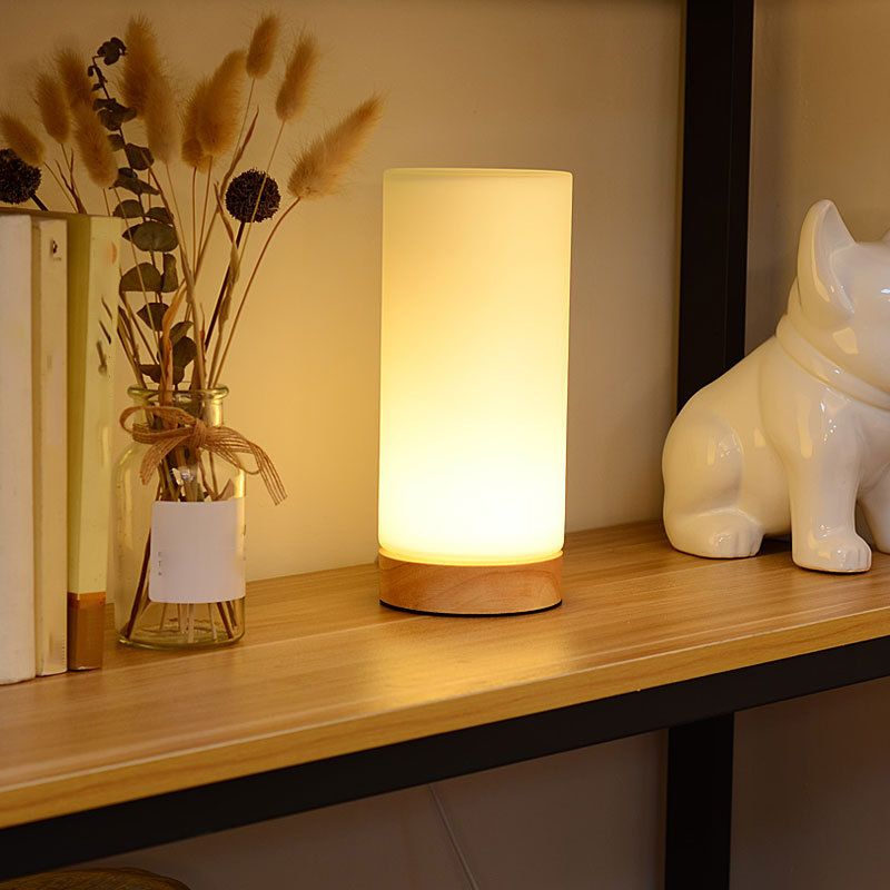 Cylindrical Night Table Lamps Modern 1-Light Nightstand Lights with White Glass Shade