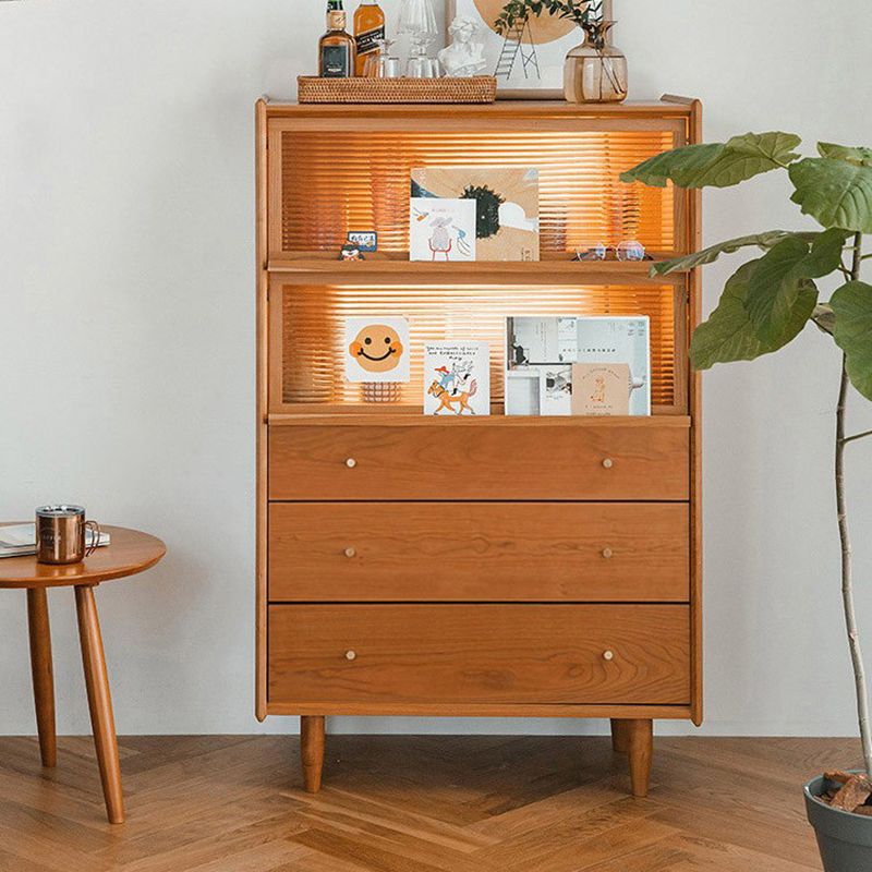 Contemporary Cabinet Solid Wood 3 - Drawer With Doors Glass Paned Accent Cabinet