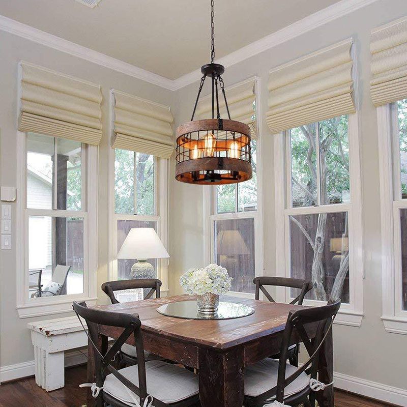 Brown Grid Cage Drum Chandelier Rustic Metal Dining Room Suspension Pendant Light