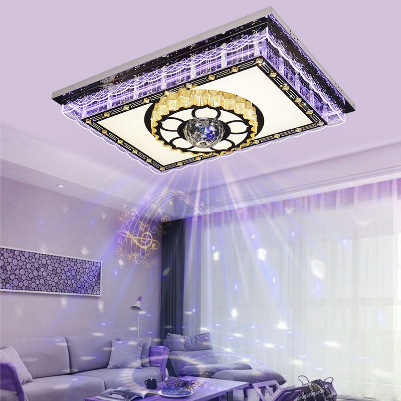LED Clear Crystal Flush Mount Lighting Simplicity Chrome Round/Rhombus Living Room Ceiling Lamp with Rectangle Design