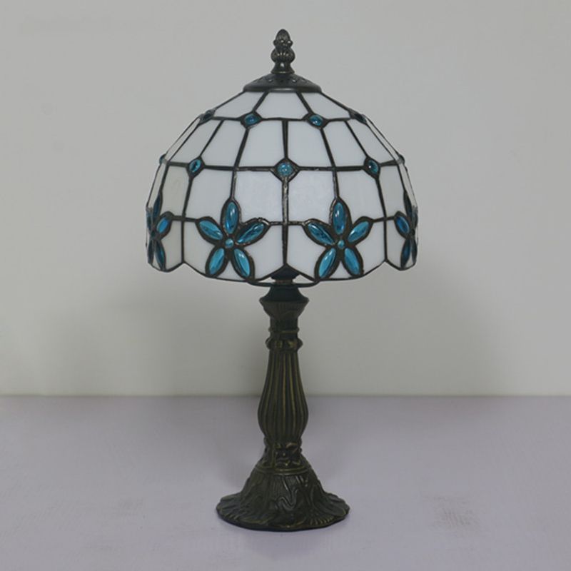 Lattice Bowl White Glass Table Lamp Victorian 1 Light Red/Yellow/Blue Flower Patterned Nightstand Light