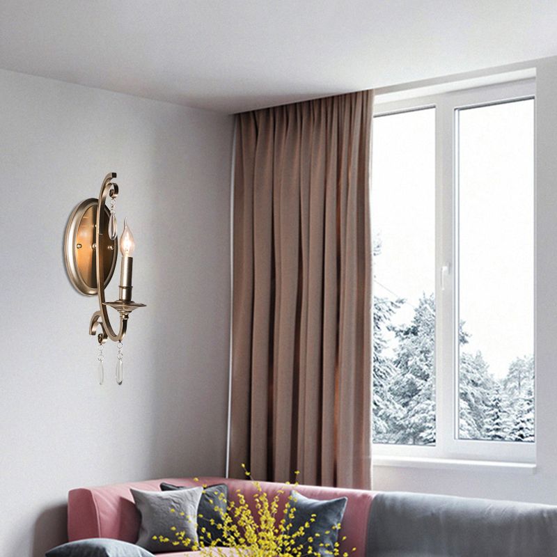 1/2 Lights Wall Lamp Lighting Country Curved Arm Metal Sconce Light Fixture in Champagne with Crystal Decoration