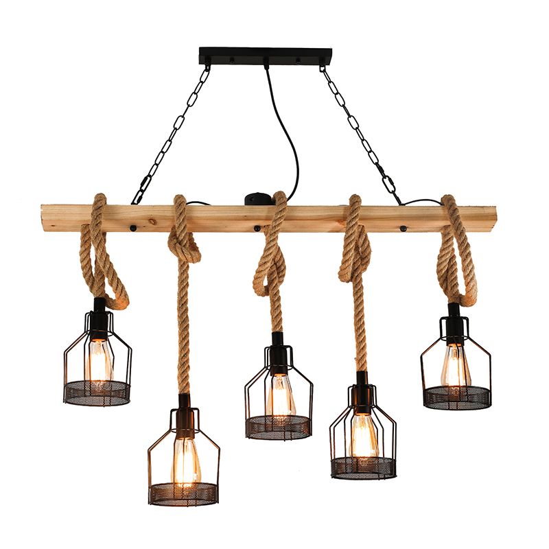 Wood Hanging Island Light Farmhouse Metal Bottle Shaped Cage Pendant Lamp for Restaurant