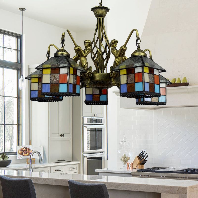 Antique Bronze 5 Lights Chandelier Light Fixture Tiffany Stained Glass House Pendant Lamp for Dining Room
