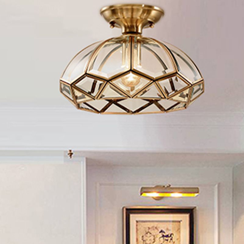 Shaded Aisle Semi Mount Lighting Vintage-Style Glass Brass Ceiling Mounted Light