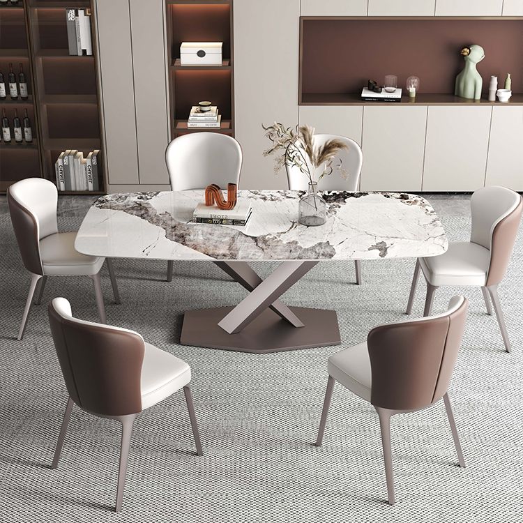Rectangle White Tone Dining Table Sintered Stone Table Luxury with Pedestal