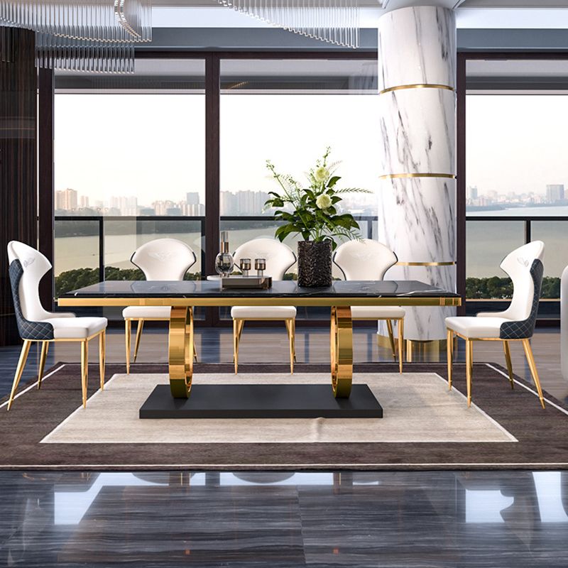 Mesa de comedor de lujo tradicional, mesa de comedor rectangular de piedra con marco dorado para uso doméstico