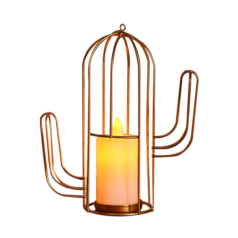 Lámpara de mesa de estilo vela Niños Iron Golden Led Night -mes de noche con jaula de triángulo/cactus