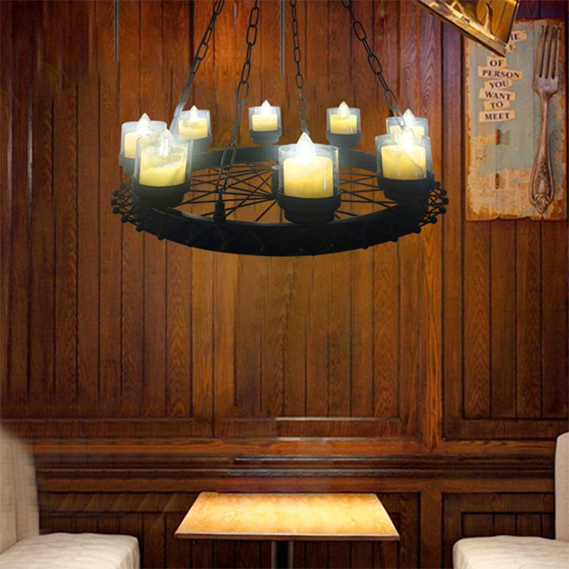 Vintage Candle Ceiling Light Fixture with Cylinder Shade and Wheel 8-Light Iron Chandelier Lighting in Black for Restaurant