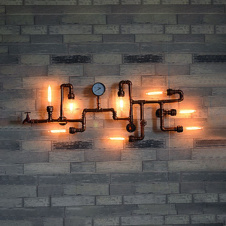 Éclairage de mur de fer à 8 légers Light Industrial Bronze Twisted Pipe Restaurant Mur Wall Lights with Bare Bulbe