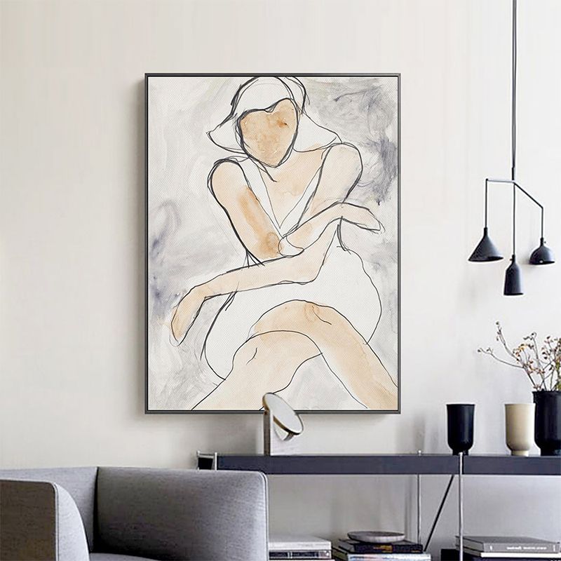White Line Sketch Woman Art Print Textured Minimalistic House Interior Wall Decor