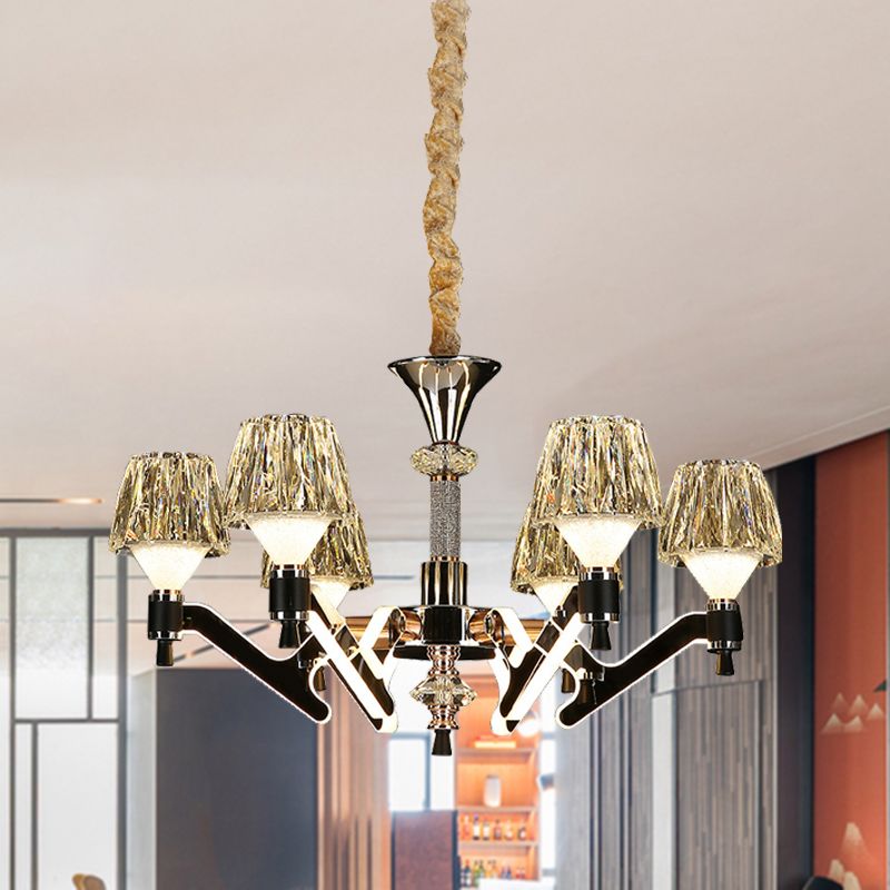 Cone Hanging Chandelier Modern Crystal 6 Lights Chrome Pendant Ceiling Light for Living Room