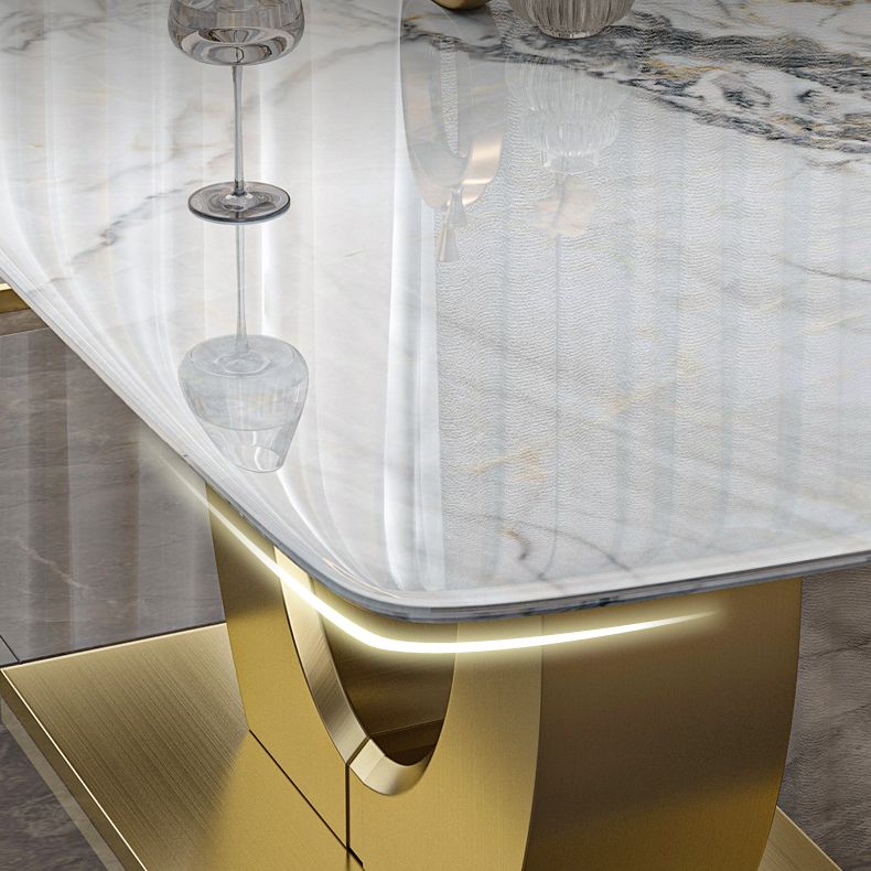 Luxury Sintered Stone Dining Table Rectangle White Table with Metal Pedestal in Gold
