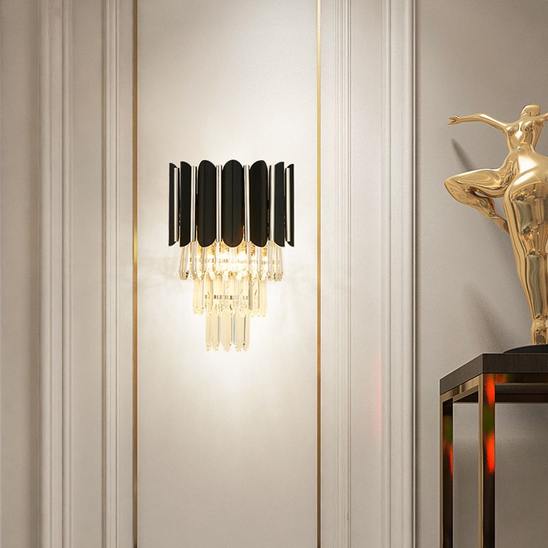 Tiered Wall Mounted Lighting Modern Clear Crystal 2 Lights Wall Sconce Light in Black