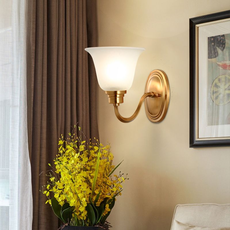1 Head Frost Glass Wall Lighting Vintage Gold Flared Shape Bedside Wall Mounted Light Fixture