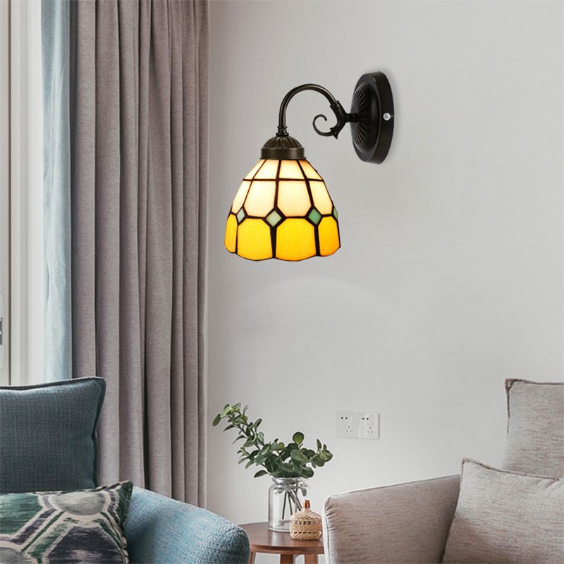 Art Glass Grid Dome Wall Light Gallery 1 Head Tiffany Classic Wall Sconce in Yellow for Bedroom