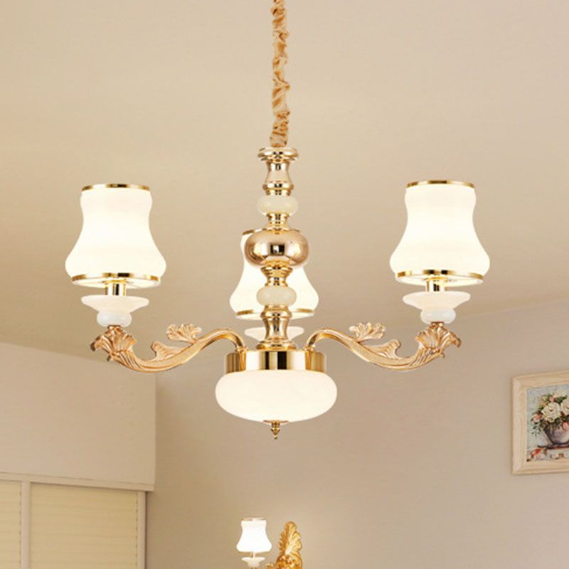 Lámpara colgante de la sala de estar del brazo curvo Luz de lámpara moderna con sombra de vidrio de ópalo de urna