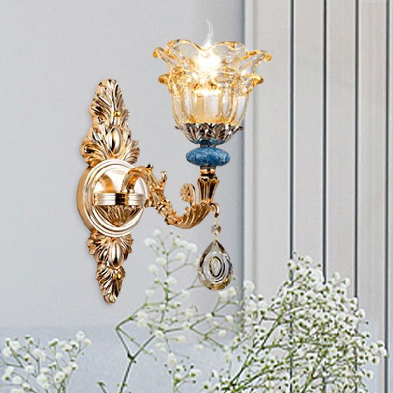 2-Layer Flower Crystal Wall Lamp Kit Traditional 1/2-Bulb Bedside Wall Mount Lighting in Gold