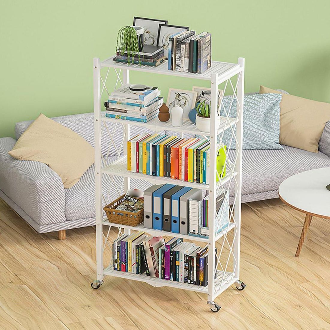 Industrial Open Etagere Bookshelf Steel Bookshelf with Caster Wheels