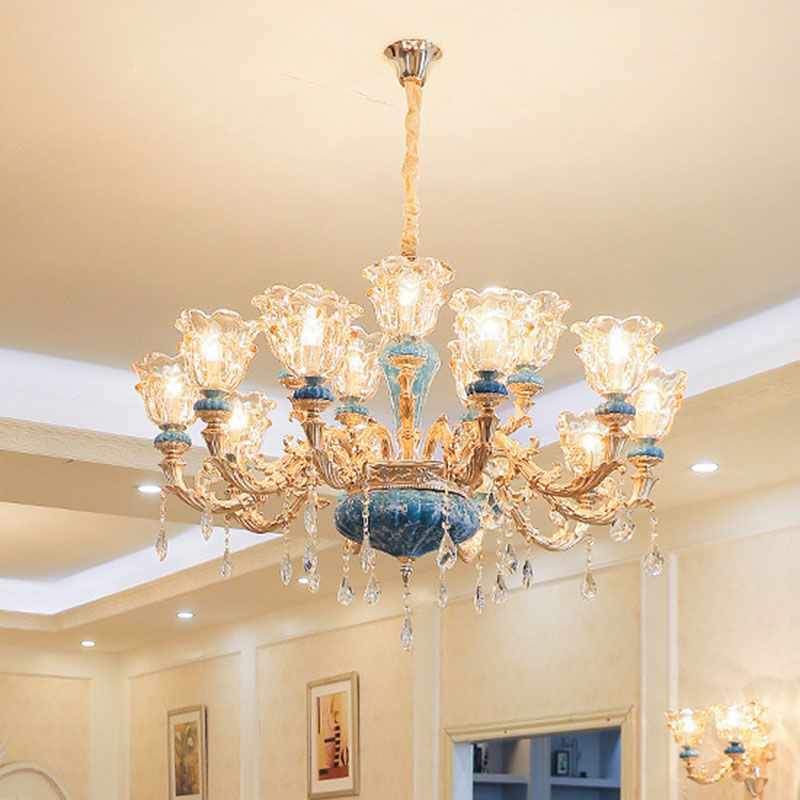 Swooping Arm Living Room Pendant Chandelier Rustic Metal Gold Hanging Ceiling Light with Flower Clear Textured Glass Shade