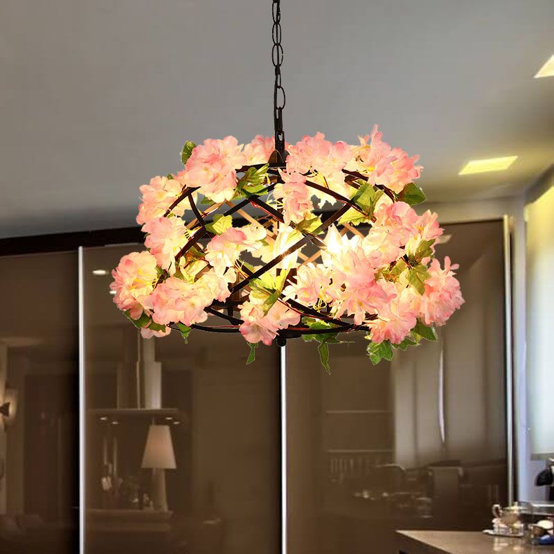 3 Bulbs Chandelier Light Industrial Bird Nest Metal LED Suspension Lamp in Pink with Cherry Blossom