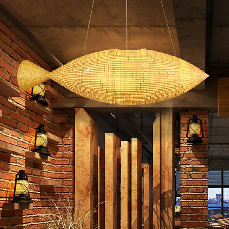 Asia Fish Shaped Hanging Light Bamboo Dining Room Suspension Pendant Light in Beige