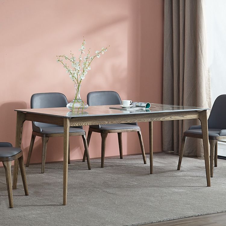 Midden-eeuwse moderne rechthoek eettafel grijs gesinterde stenen tafel met 4 as massief houten benen