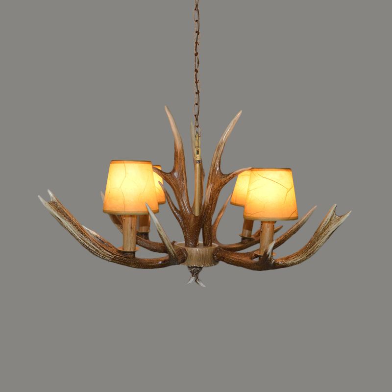Resin Brown Ceiling Chandelier Branch 4/6/8 Bulbs Traditional Pendant Light Fixture with Beige Cone Fabric Shade