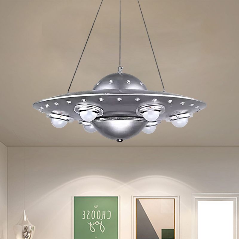 Metal UFO Pendant Light Six Lights Creative Suspension Light in Silver for Boys Bedroom