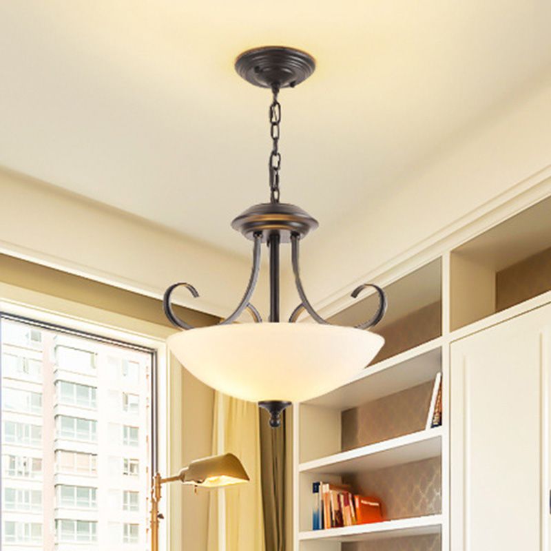 Iron Swirled Arm Ceiling Light Retro 3 Heads Dining Room Chandelier Light with Bowl White Glass Shade in Black